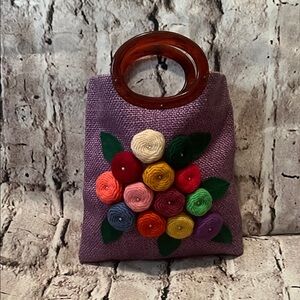 Floral Purple Handbag with Wooden Handle